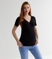 New Look Maternity Black Ribbed Jersey V Neck T-Shirt